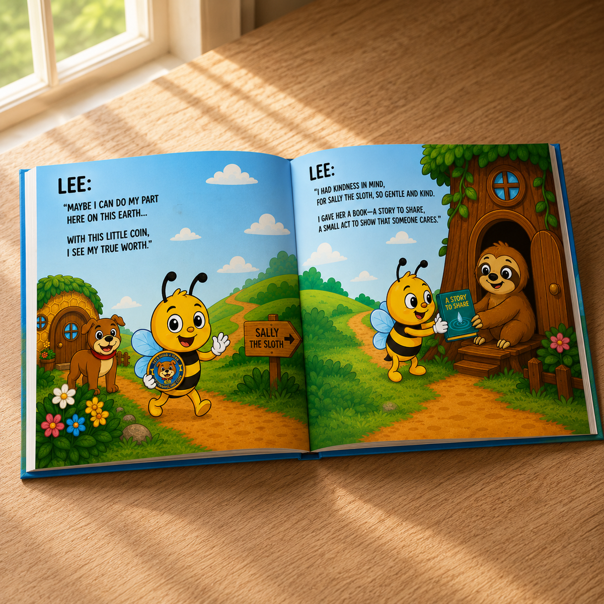 Open spread of The Traveling Coin children's hardcover book showing colorful interior illustrations.