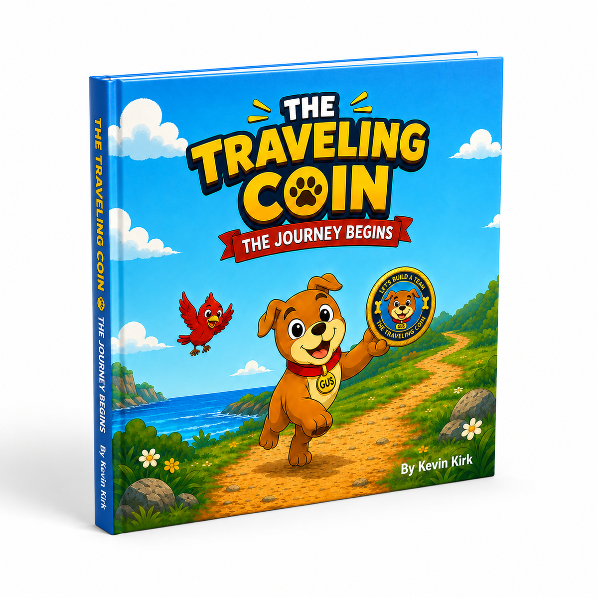 Angled view of The Traveling Coin hardcover showing the front cover and spine.
