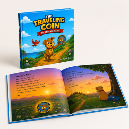 The Traveling Coin: The Journey Begins children's book shown closed with its illustrated cover, plus the same book open to show interior pages and a colorful landscape illustration. The cover features a cartoon dog holding a coin and the title 'The Traveling Coin' on a bright blue sky background.