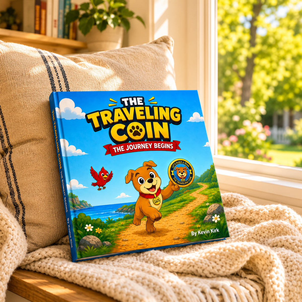 The Traveling Coin hardcover children's book resting on a cozy window seat in warm afternoon sunlight.