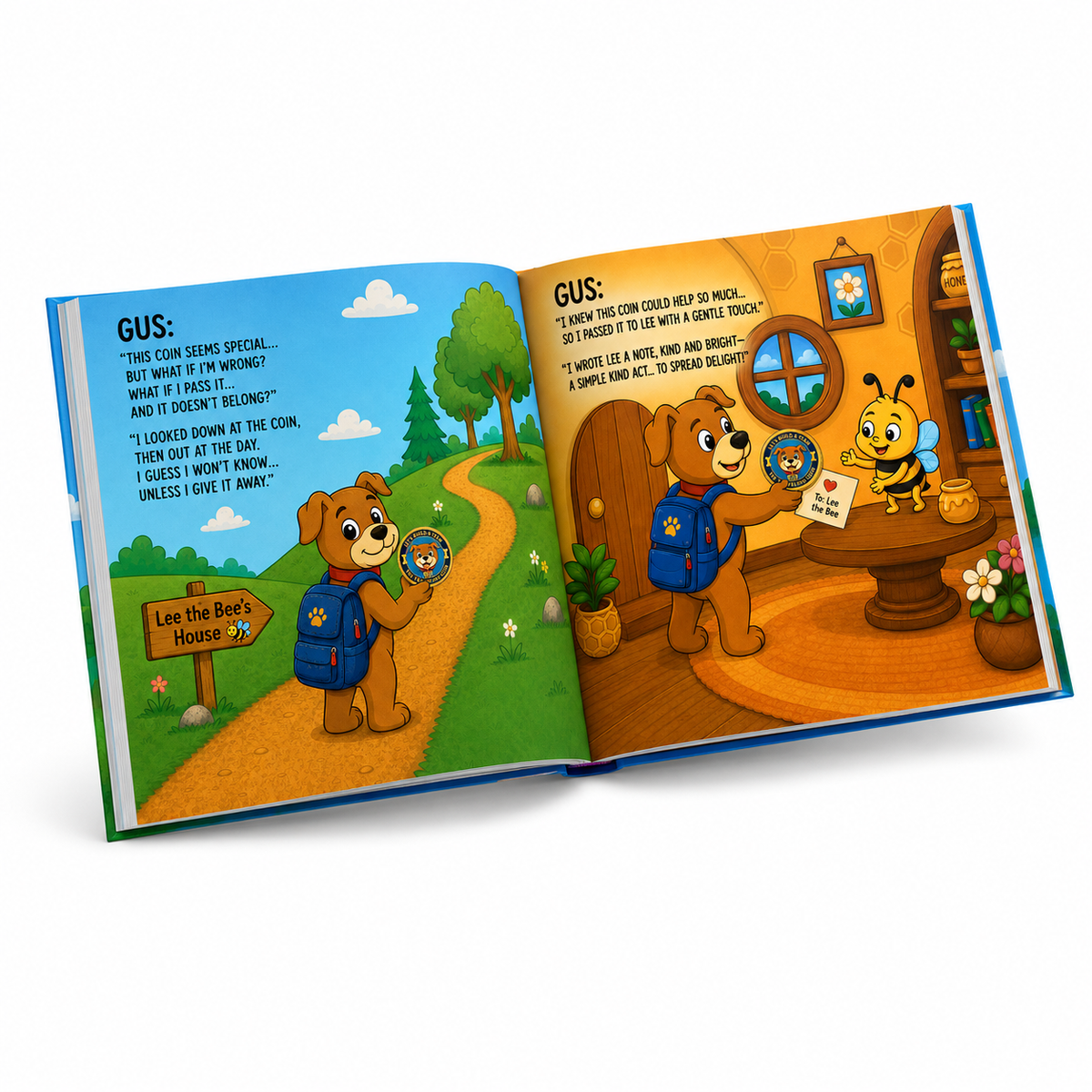 Open pages of The Traveling Coin hardcover children's book featuring full-color illustrations.