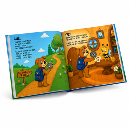 Open pages of The Traveling Coin hardcover children's book featuring full-color illustrations.