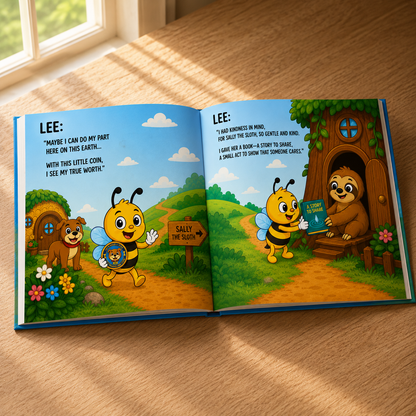 Open spread of The Traveling Coin children's hardcover book showing colorful interior illustrations.